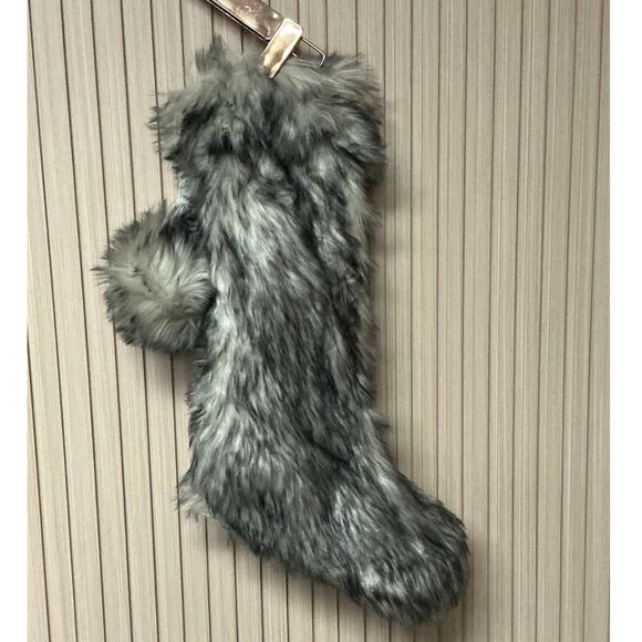 Nordstrom Serene Faux Fur Christmas Stocking Gray Vapor 7.5"x20"  Pom Pom Detail - Picture 1 of 4